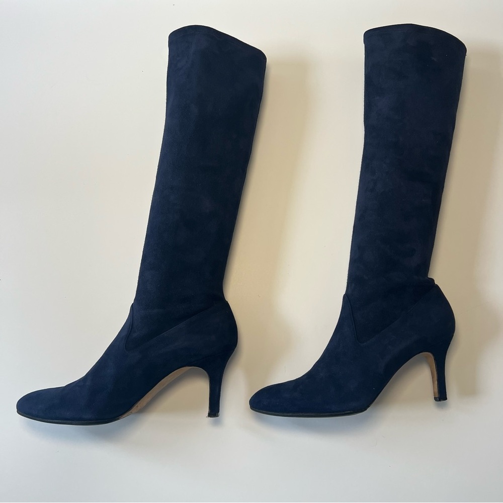 Manolo Blahnik Pamfilo 90mm Navy Blue‎ Stretch Suede Over Knee Tall Boots 38.5